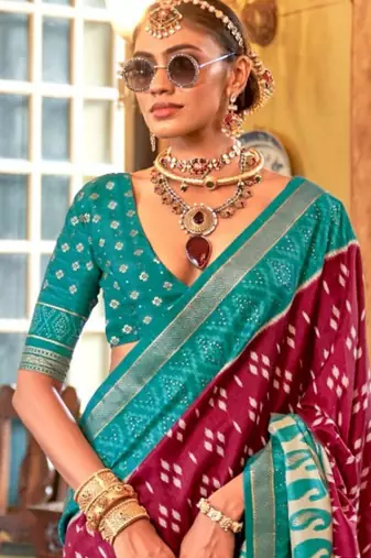Maroon silk blend printed saree with unstitched blouse