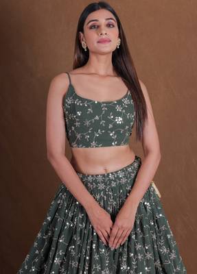 Olive Green Zari sequin Embroidered Georgette Indian designer lehenga choli dress 2