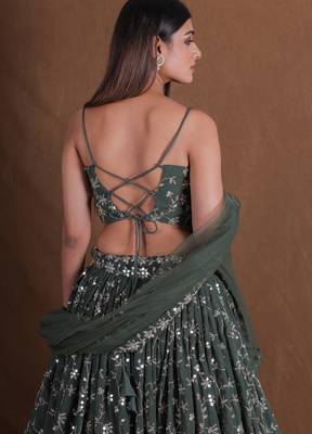 Olive Green Zari sequin Embroidered Georgette Indian designer lehenga choli dress 3