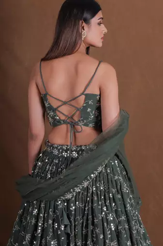 Olive Green Zari sequin Embroidered Georgette Indian designer lehenga choli dress
