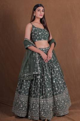 Olive Green Zari sequin Embroidered Georgette Indian designer lehenga choli dress 4