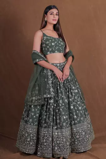Olive Green Zari sequin Embroidered Georgette Indian designer lehenga choli dress