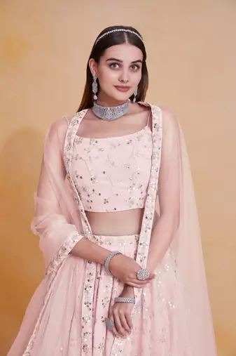 Light-Pink Zari sequin Embroidered Georgette Indian wedding lehenga choli dress