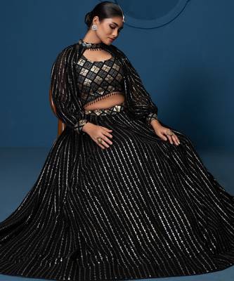 Black Thread sequin Embroidered Georgette indian designer lehenga choli dress 2