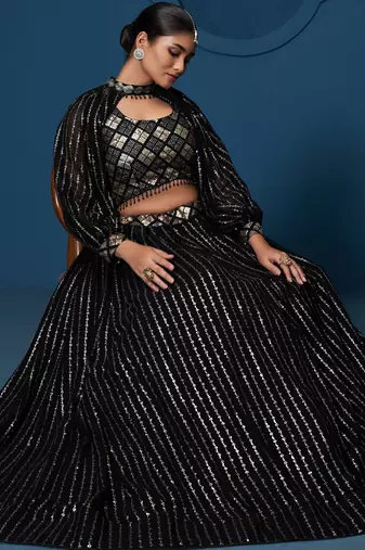 Black Thread sequin Embroidered Georgette indian designer lehenga choli dress