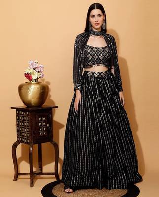 Delightfully Black Thread Sequence Embroidered Georgette Indian wedding lehenga choli 1