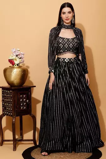 Delightfully Black Thread, Sequence Embroidered Georgette Indian wedding lehenga choli