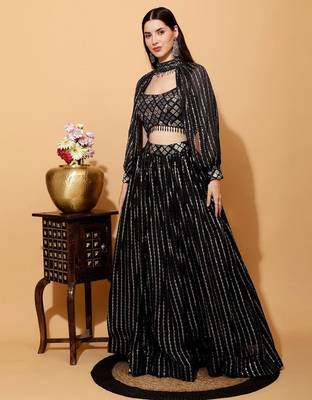 Delightfully Black Thread Sequence Embroidered Georgette Indian wedding lehenga choli 2