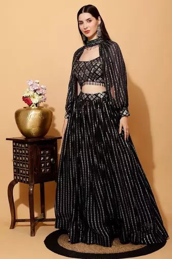 Delightfully Black Thread, Sequence Embroidered Georgette Indian wedding lehenga choli