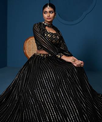 Black Thread sequin Embroidered Georgette indian designer lehenga choli dress 3
