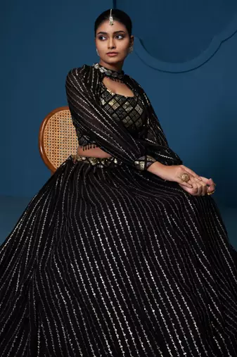 Black Thread sequin Embroidered Georgette indian designer lehenga choli dress