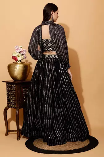Delightfully Black Thread, Sequence Embroidered Georgette Indian wedding lehenga choli