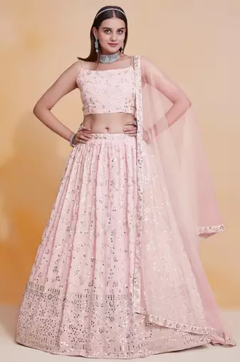 Light-Pink Zari sequin Embroidered Georgette Indian wedding lehenga choli dress