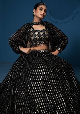 Black Thread sequin Embroidered Georgette indian designer lehenga choli dress 4