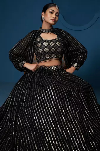 Black Thread sequin Embroidered Georgette indian designer lehenga choli dress