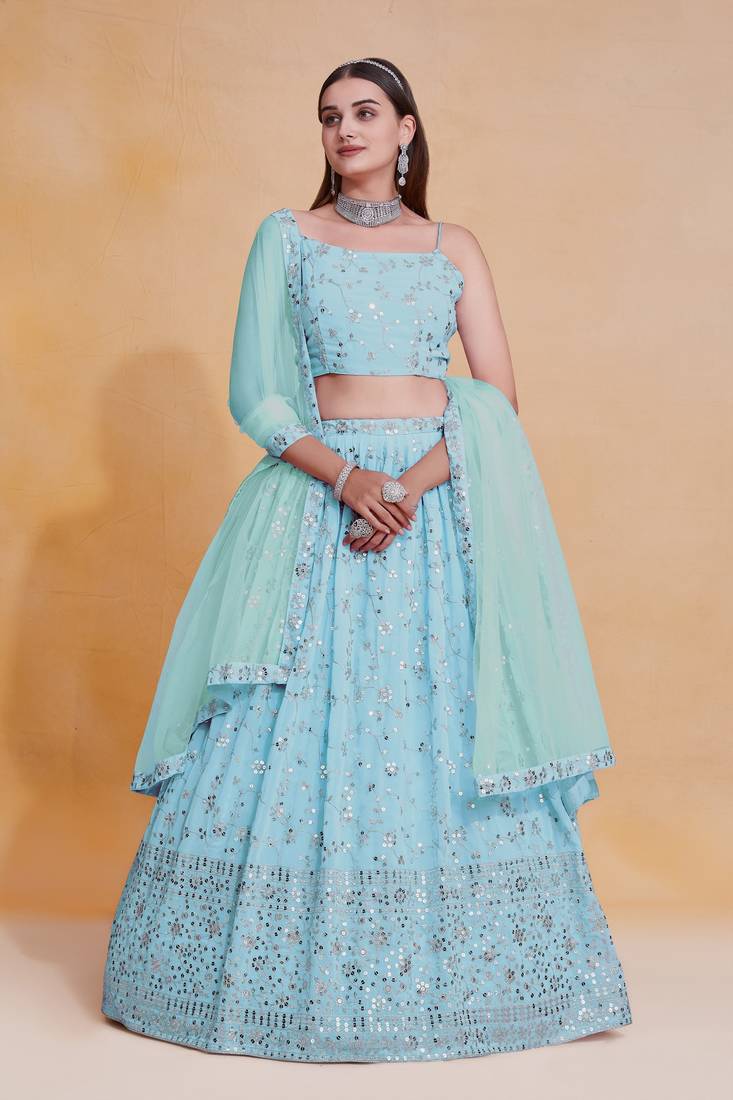 Sky-Blue Zari sequin Embroidered Georgette Indian Party wear lehenga dress