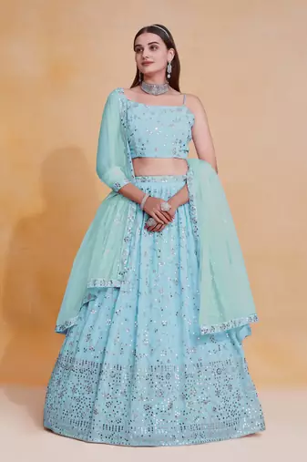 Sky-Blue Zari sequin Embroidered Georgette Indian Party wear lehenga dress