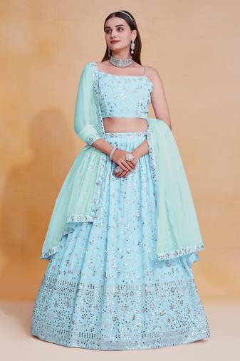 Sky-Blue Zari sequin Embroidered Georgette lehenga choli dress