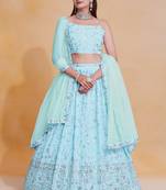 Sky-Blue Zari sequin Embroidered Georgette Indian Party wear lehenga dress