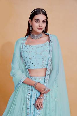 Sky-Blue Zari sequin Embroidered Georgette Indian Party wear lehenga dress 2
