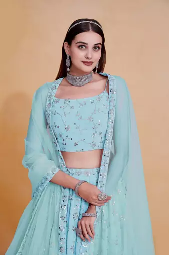 Sky-Blue Zari sequin Embroidered Georgette Indian Party wear lehenga dress