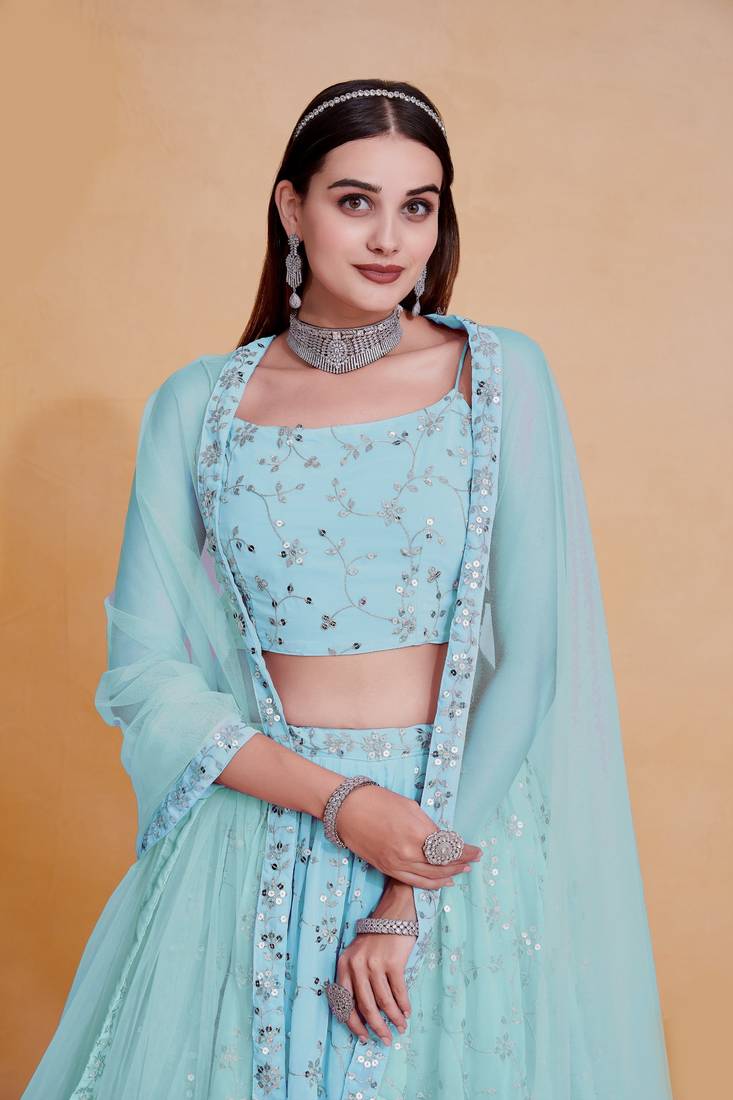 Sky-Blue Zari sequin Embroidered Georgette Indian Party wear lehenga dress