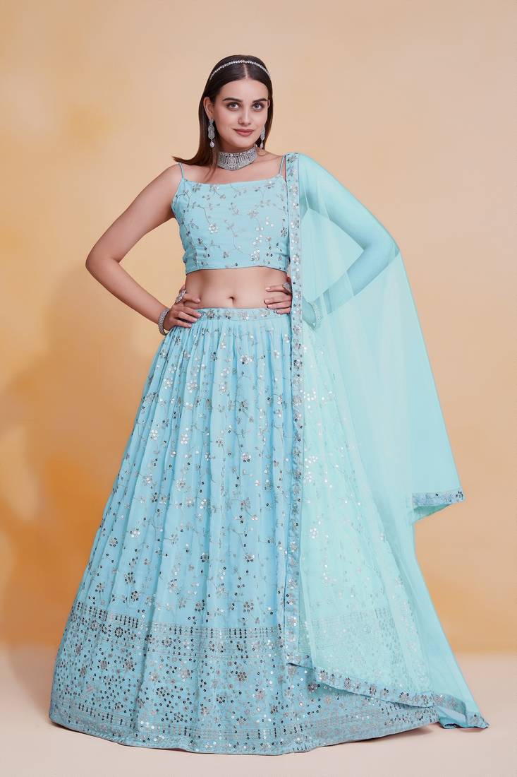 Sky-Blue Zari sequin Embroidered Georgette Indian Party wear lehenga dress