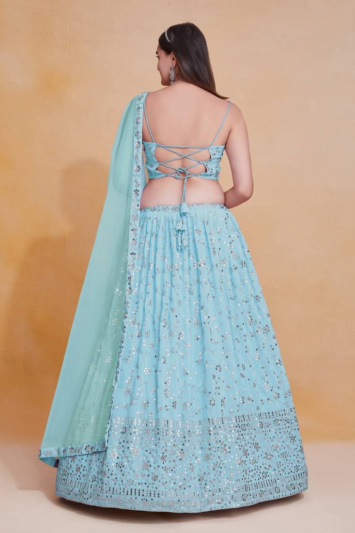 Sky-Blue Zari sequin Embroidered Georgette Indian Party wear lehenga dress