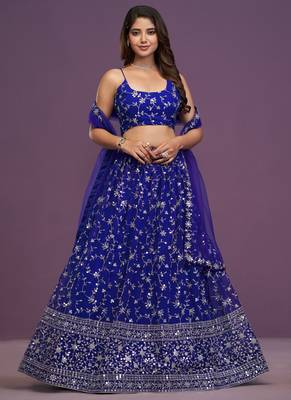Royal-Blue Zari sequin Embroidered Georgette Indian designer wedding latest lehenga dress 1
