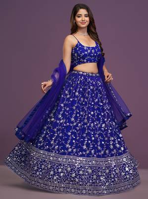 Royal-Blue Zari sequin Embroidered Georgette Indian designer wedding latest lehenga dress 2