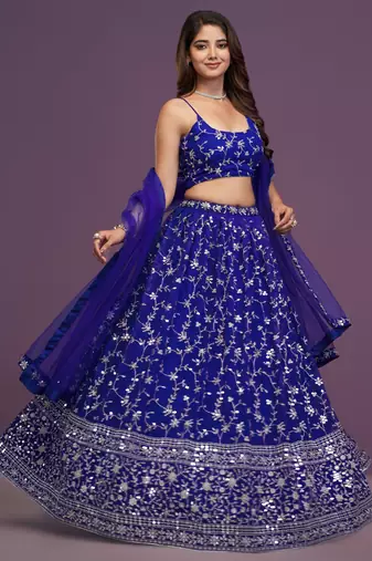 Royal-Blue Zari sequin Embroidered Georgette Indian designer wedding latest lehenga dress