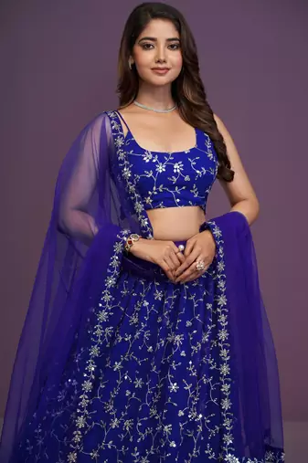 Royal-Blue Zari sequin Embroidered Georgette Indian designer wedding latest lehenga dress