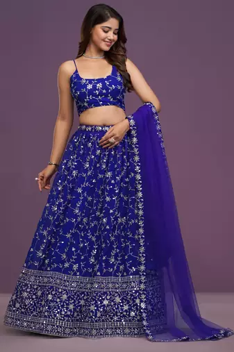 Royal-Blue Zari sequin Embroidered Georgette Indian designer wedding latest lehenga dress