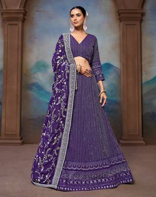 Fetching Blue Zari Sequence Embroidered Faux Georgette Indian wedding lehenga dress 1