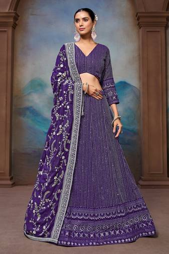 Fetching Blue Zari, Sequence Embroidered Faux Georgette Indian wedding lehenga dress