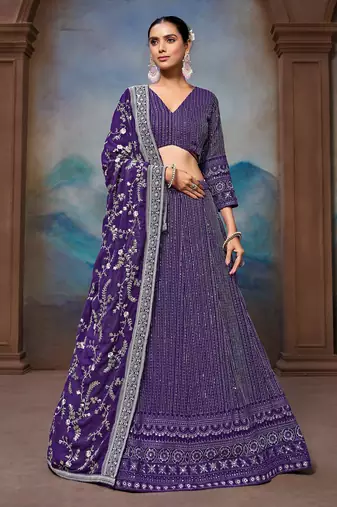 Fetching Blue Zari, Sequence Embroidered Faux Georgette Indian wedding lehenga dress