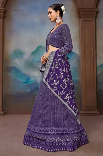 Fetching Blue Zari, Sequence Embroidered Faux Georgette Indian wedding lehenga dress