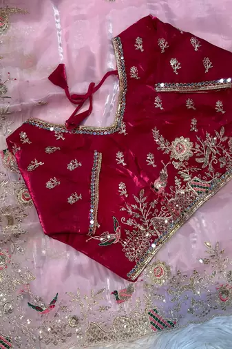 soft jimmy choo silk blend pink embroidered saree with stitched blouse