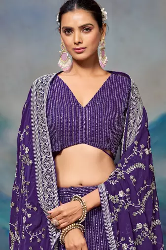 Fetching Blue Zari, Sequence Embroidered Faux Georgette Indian wedding lehenga dress