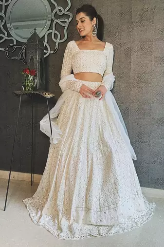 White Thread sequin Embroidered Georgette lehenga choli dress