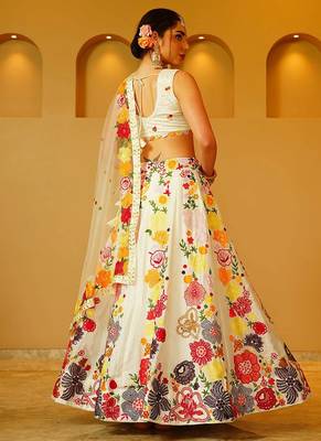 White Thread sequin Embroidered Georgette indian designer wedding lehenga dress 2