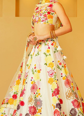 White Thread sequin Embroidered Georgette indian designer wedding lehenga dress 3