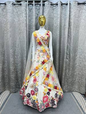 White Thread sequin Embroidered Georgette indian designer wedding lehenga dress 4