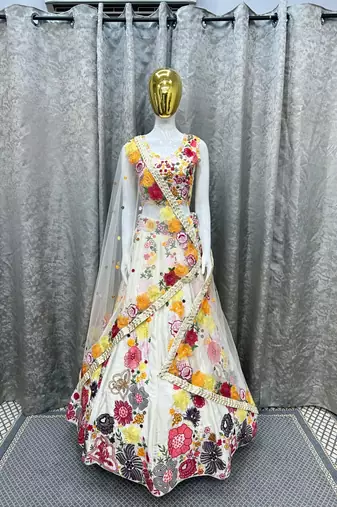 White Thread sequin Embroidered Georgette indian designer wedding lehenga dress