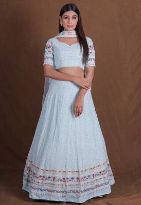 Aqua Blue Thread sequin Zari Embroidered Georgette indian wedding lehenga choli 1