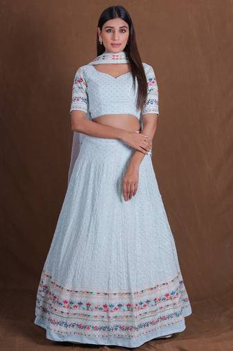 Aqua Blue Thread sequin Zari Embroidered Georgette indian wedding lehenga choli