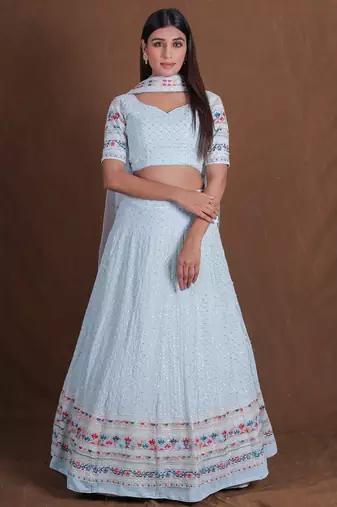 Aqua Blue Thread sequin Zari Embroidered Georgette lehenga choli