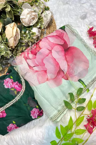 teby silk blend green floral printed hand work saree with stitched blouse