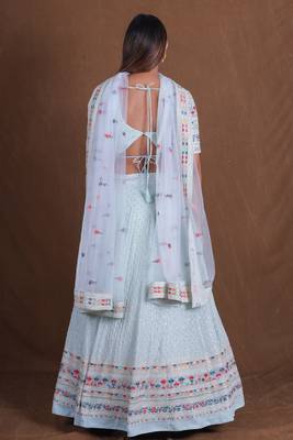Aqua Blue Thread sequin Zari Embroidered Georgette indian wedding lehenga choli 3