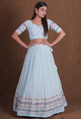 Aqua Blue Thread sequin Zari Embroidered Georgette indian wedding lehenga choli 4